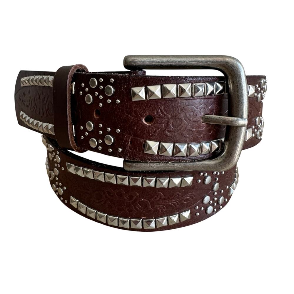 BKE Women's Leather Studded Brown and Silver Statement Belt Small